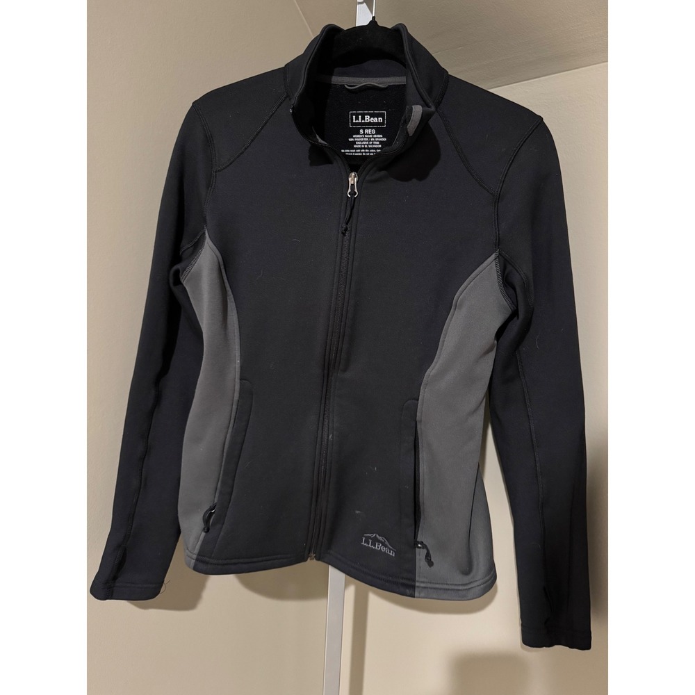 LL Bean Womens Fleece Lined Zip Up Jacket Black Grey Size S Regular Stretch
